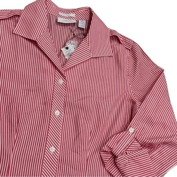 NEW Chico's Red and White Stripe Rolltab Sleeve Collared Buttonup Picnic S/4 - Picture 3 of 6